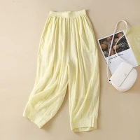 2022 summer fine ramie cool bloomers womens literary elastic waist loose solid color pants harajuku casual pockets