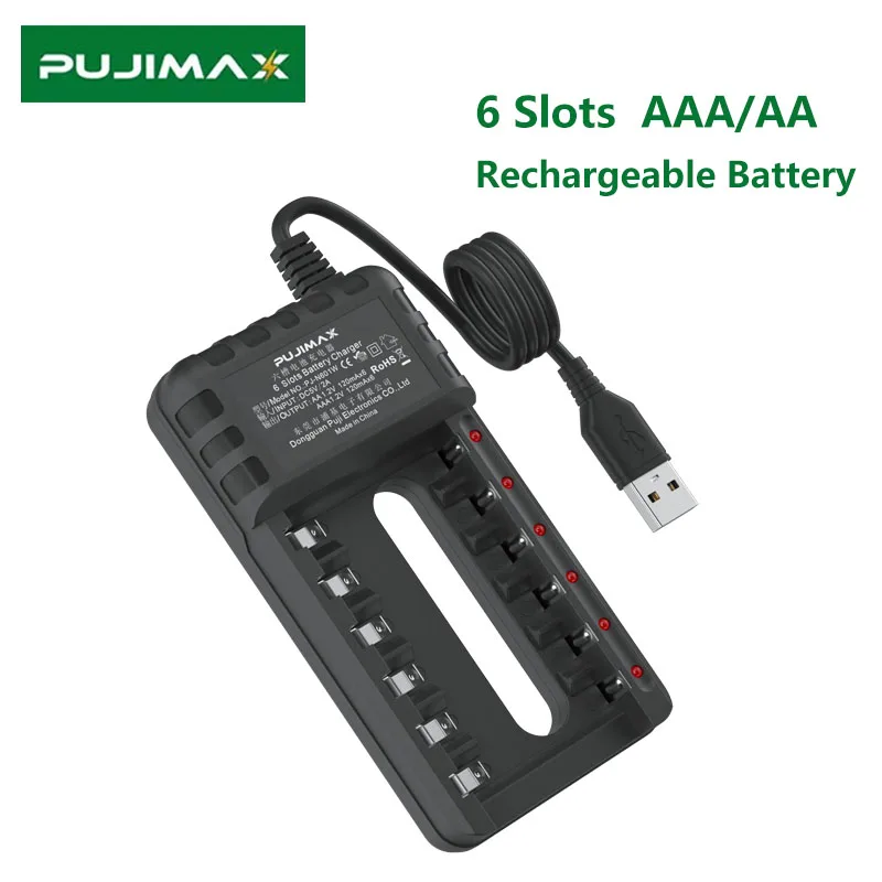 

PUJIMAX 6 Slots Fast Charging Universal Rechargeable Battery AA/AAA Charging Tool Adapter Batteries Charger USB Output Durable