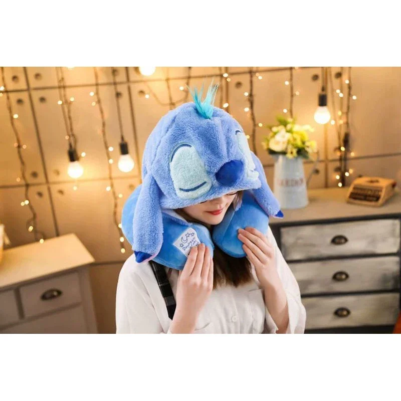 Дорожная U-образная подушка Disney Stitch модная офисная плюшевая для сна с капюшоном