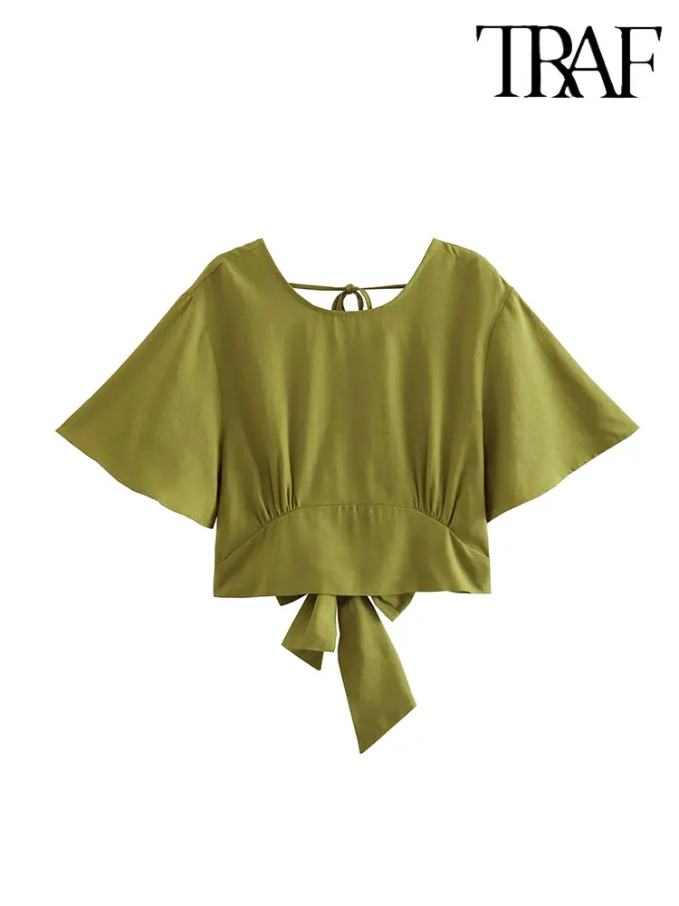 

Женская блузка с открытой спиной, коротким рукавом и бантом на спине