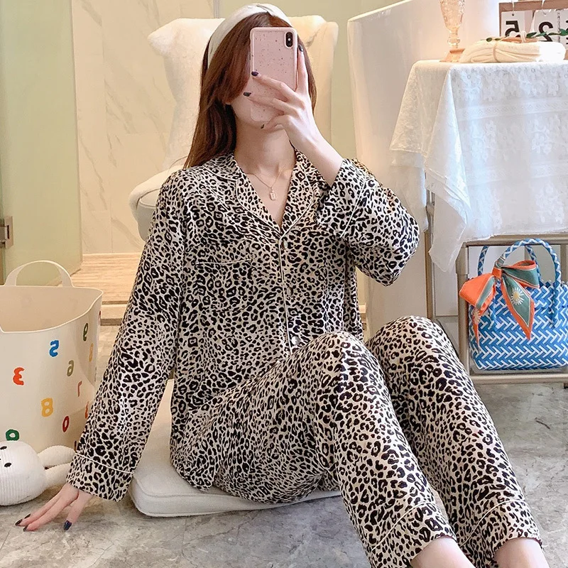 Women's Pajama Long Sleeves Spring Sleepwear Student Silk Leopard Print Sweet  Pajamas Set