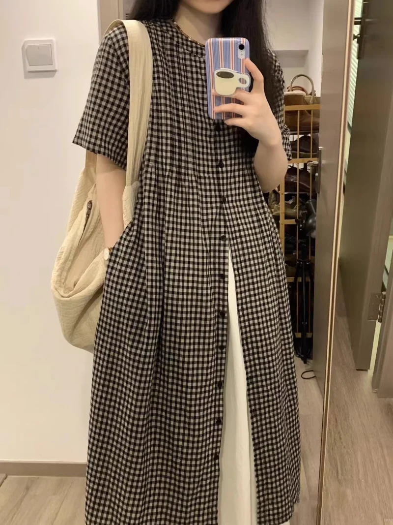 Japanese Plaid Maxi Dress Women Short Sleeve O-neck Summer Rope Fashion Casual Vintage Single Breasted Dresses Vestidos De Mujer