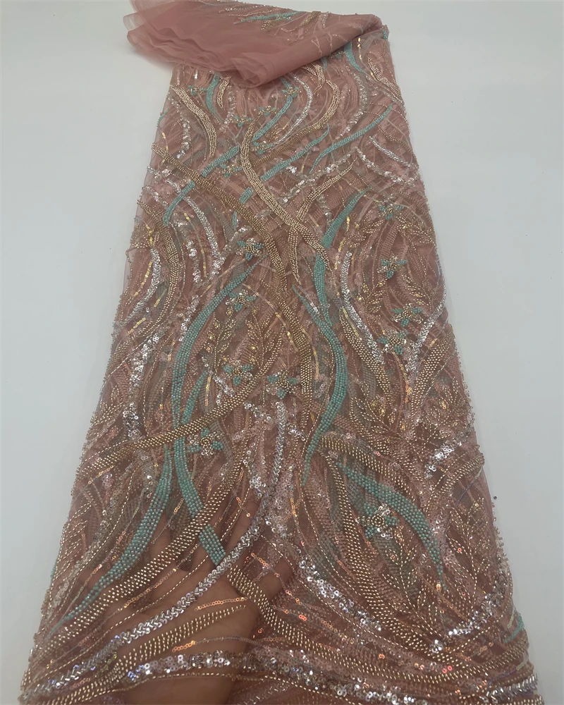 

Нигерийская французская кружевная ткань с блестками, ручная работа 2023, вышитая африканскими бусинами, сетчатая кружевная ткань для женского шитья