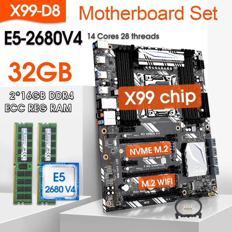 

Комплект материнской платы X99 D8 F8 с Xeon E5 2680 V4 LGA2011-3 2,4 ГГц ЦП 2 шт. X 16 ГБ = 32 Гб 2400 МГц DDR4 память M.2 Wi-Fi с интерфейсом