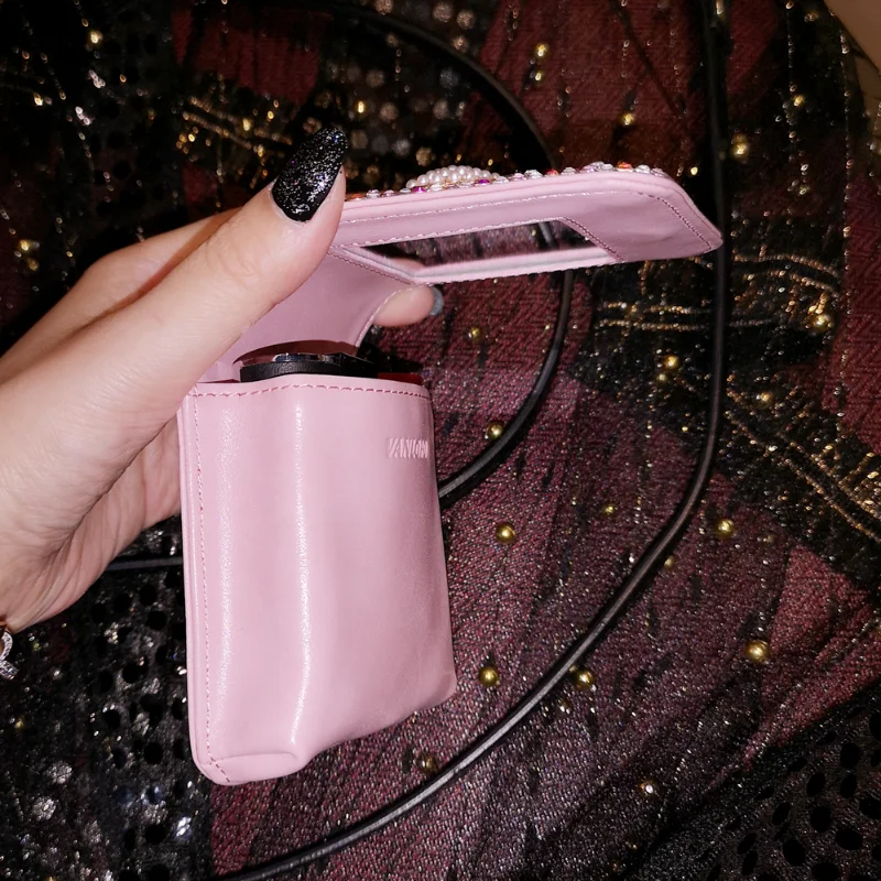 

Diamond-studded Leather Lipstick Bag With Mirror Portable Cute Cosmetic Bag Lipstick Lip Glaze Organizer Kawaii Ladies Gift Pink