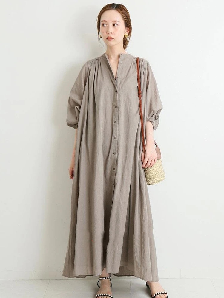 

Spring Summer New Women's Dress Fashion Solid Color Bubble Sleeve Single-breasted Fold Loose Leisure Women's Dress Long Dress