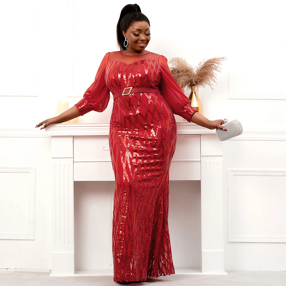 Plus Size Stretch Bright Red Sequin Evening Dress Long Sleeve Mermaid Evening Night Party Maxi Dress With Belt Haute Couture