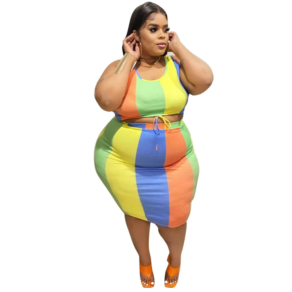 Plus Size Fashion Colorful Two Piece Skirt Set Women Clothing Sleeveless Sexy Outfits Casual Summer Wear Wole 3xl 4xl 5xl 6xl