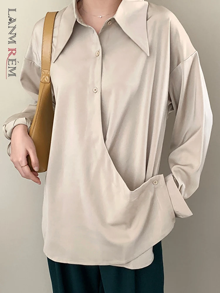 

LANMREM Fashion Irregular Shirt For Women Solid Color Lapel Long Sleeves Single Breasted Tops 2023 Casual Autumn New 2AA1124