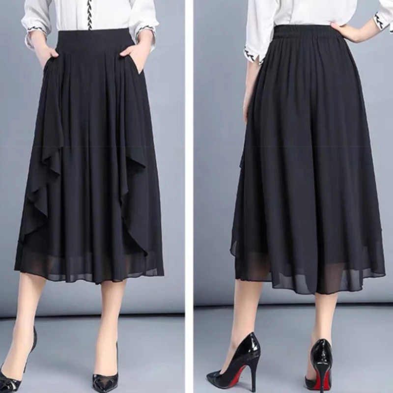 

Women's Wide Leg Pants Chiffon Summer Pant Skirts Ladies Elastic High Waist Women Full Length Pant Trousers Retro