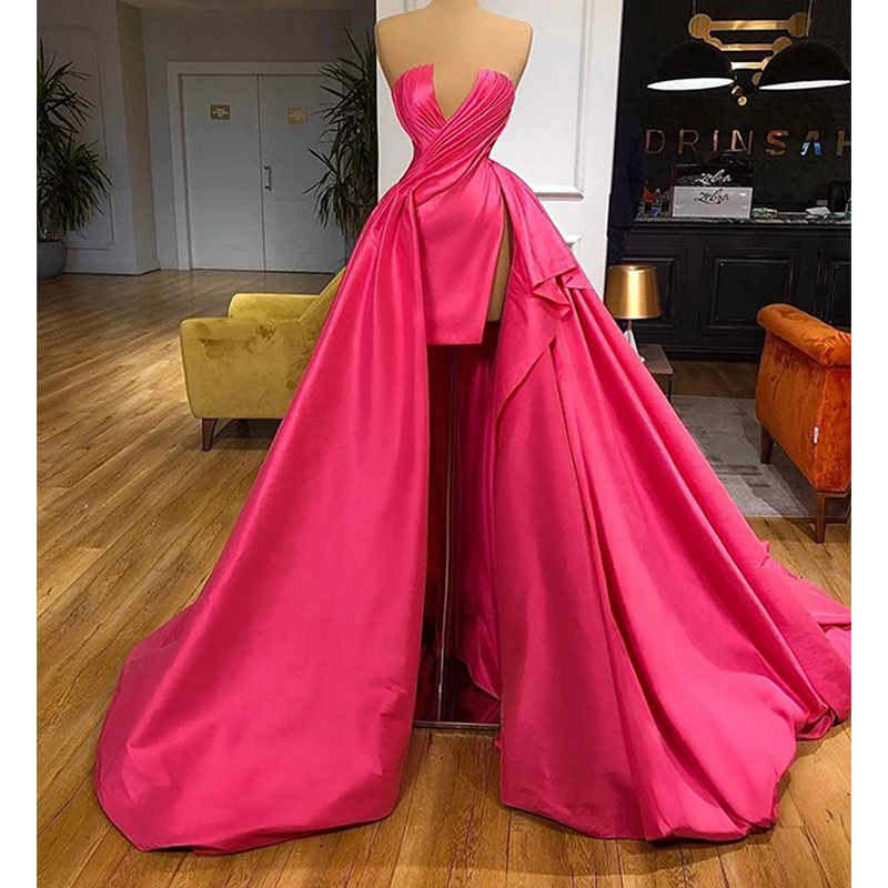 

2023 Sexy Mermaid Prom Strapless Without Sleeves High Splits With Train Short Prom Gown Evening Dress Robe De Soirée