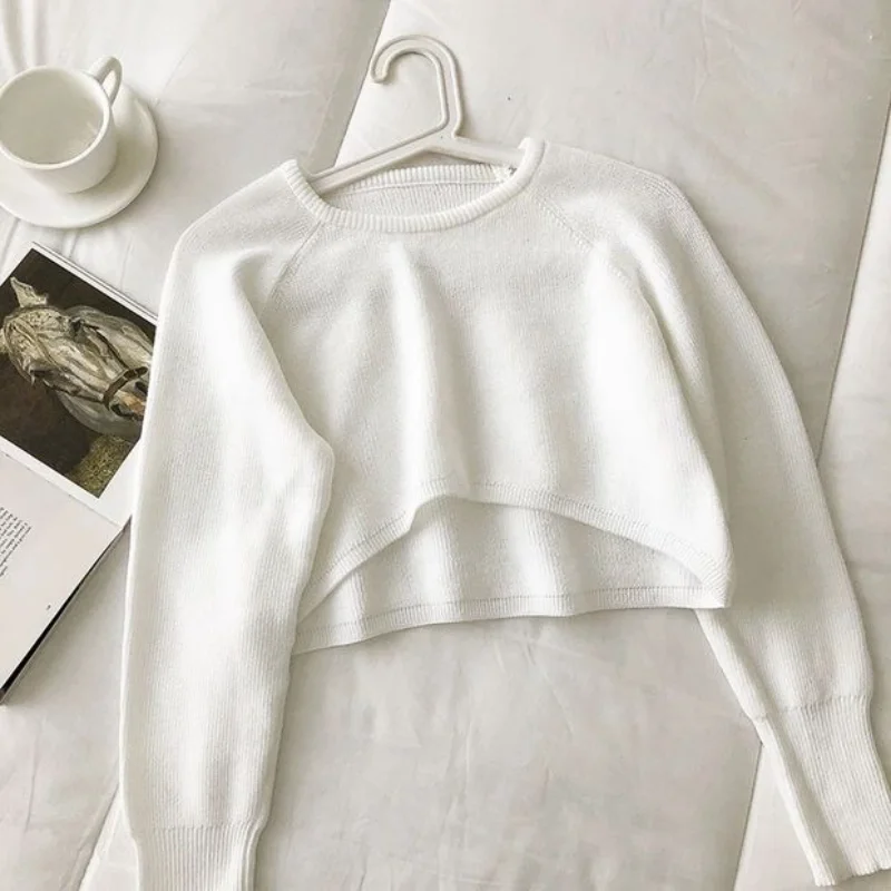 

Hikigawa Casual Irregular Solid Women Sweater O Neck Long Sleeve Loose Pullovers Sweet All Match Grunge Jumpers Crop Tops Mujer