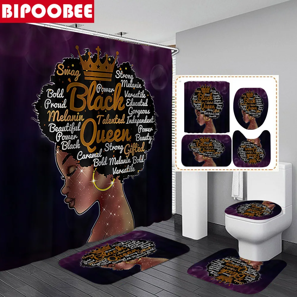 

African American Women Queen Shower Curtain for Bathroom Decor with Hooks Black Girl Bath Mat Anti-slip Carpet and Toilet Cover