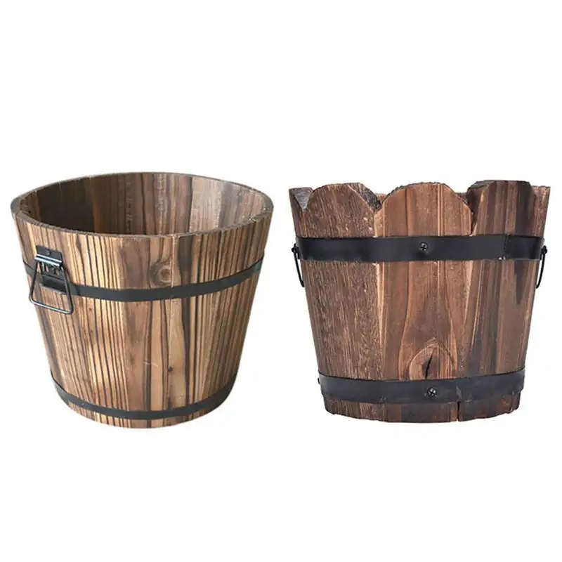 

Carbonized Wooden Garden Succulent Plants Flower Pots Outdoor Flower Bucket Home Decoration Round Retro Small Barrels Planter