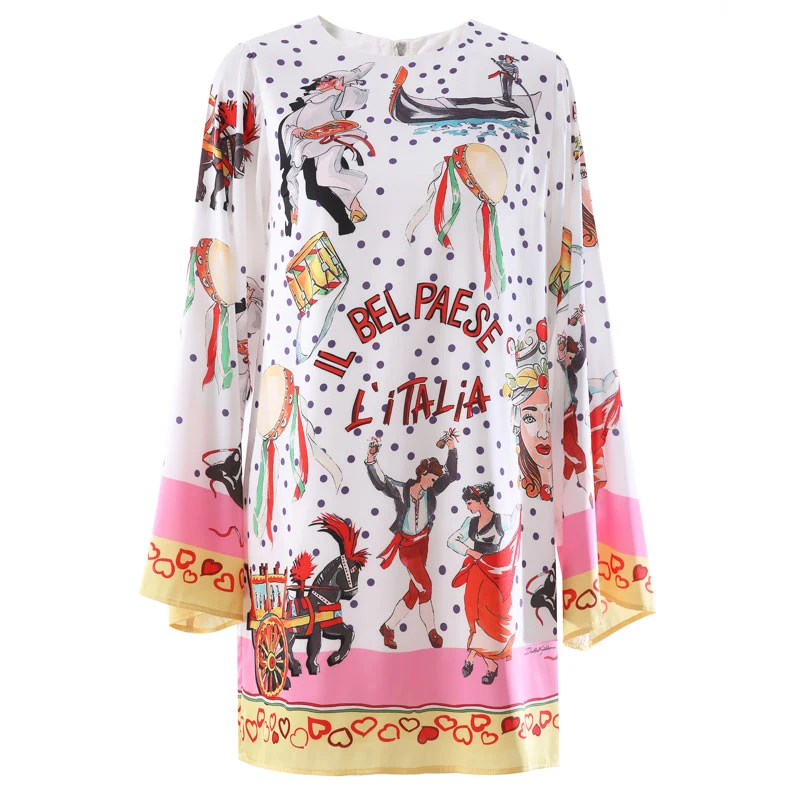

2022 Early Autumn New Polka Dot Color Matching Character Print Dress Women's Round Neck Trumpet Sleeve Temperament Skirt