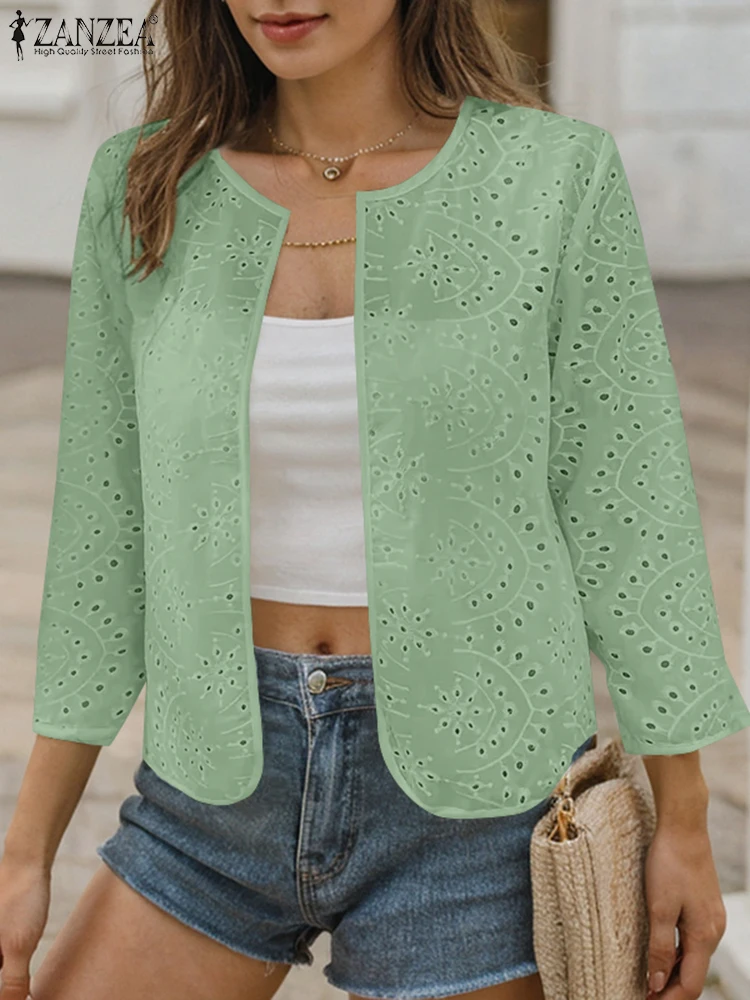 ZANZEA женский кардиган топы с круглым вырезом 2024 модные рубашки рукавами 3/4 ажурные