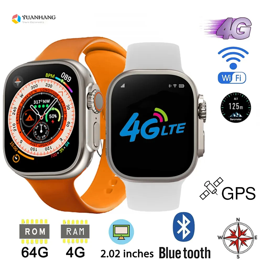 

RAM 4GB ROM 64GB Ultra Series 8 Smart 4G GPS Trace Locate Men Student Google Play Heart Rate SIM Card Smartwatch Phone Watch