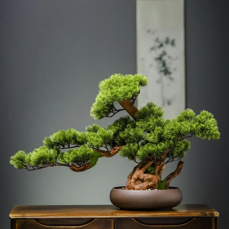 

Simulated welcome pine bonsai office decoration green plants new Chinese potted living room decoration porch bionic fake tree