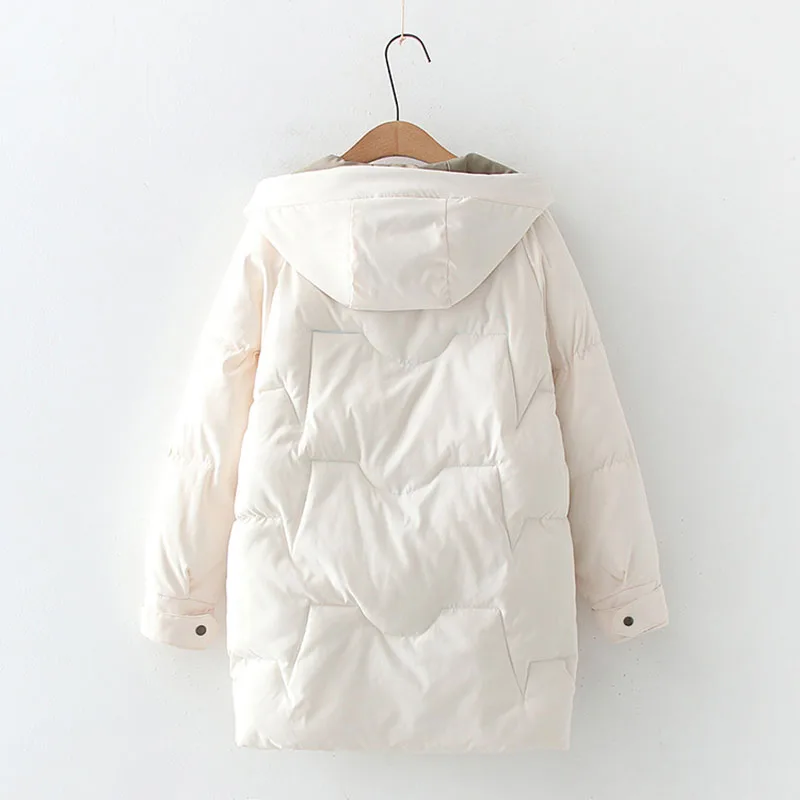 2021 Thick Hooded Down Jackets with Pocket Cotton Long Warm Padded Parka for Female Women Loose Casual Solid Color Winter Coats
