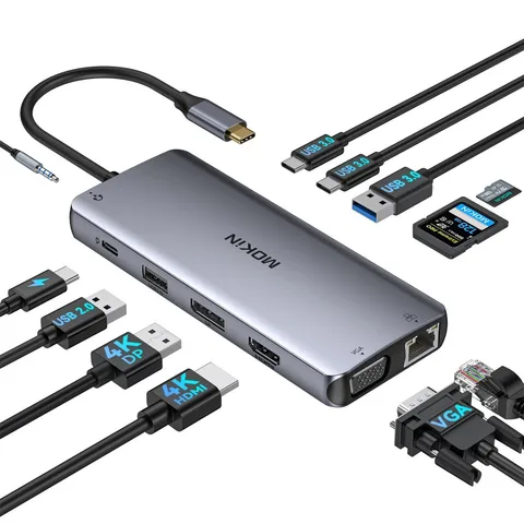 Док-станция USB C MOKiN 11 в 1 4K 60Hz | Двойной HDMI, VGA, USB 3.1, RJ45, PD 100W для MacBook Air/Pro, iPad M1/M2, ноутбука