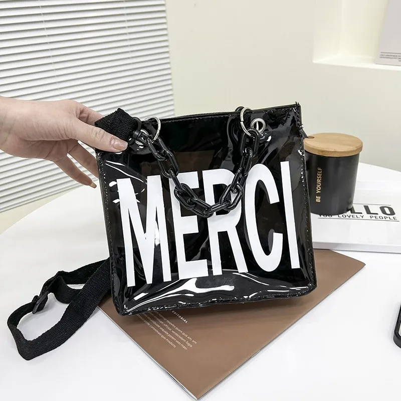 Large Capacity PVC Women Transparent Bag Trendy Text Printing Crossbody Bags For Girls Simple Outdoor Female Handbags 2022