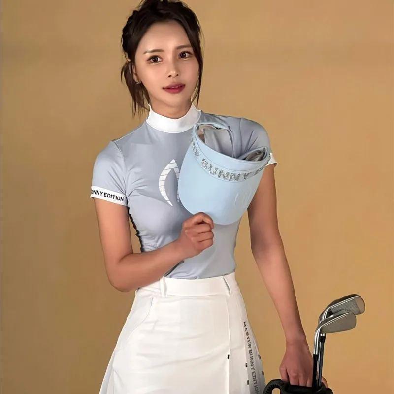 Golf women's summer stand collar short sleeve printed T-shirt side mesh breathable sweat wicking Sports Top