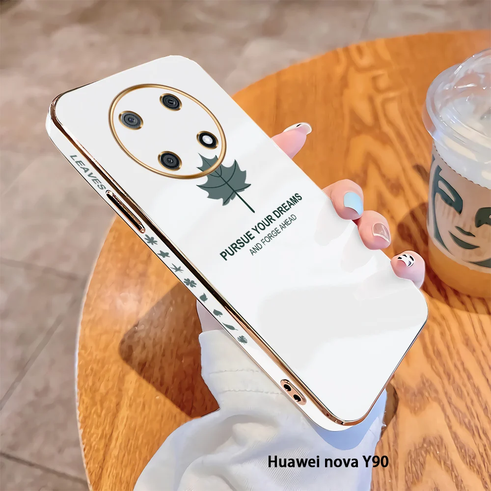 

For Huawei Nova Y70 Plus Nova 9 SE Luxury Square Case Maple Leaf Plating Cover Shockproof Soft TPU Cases