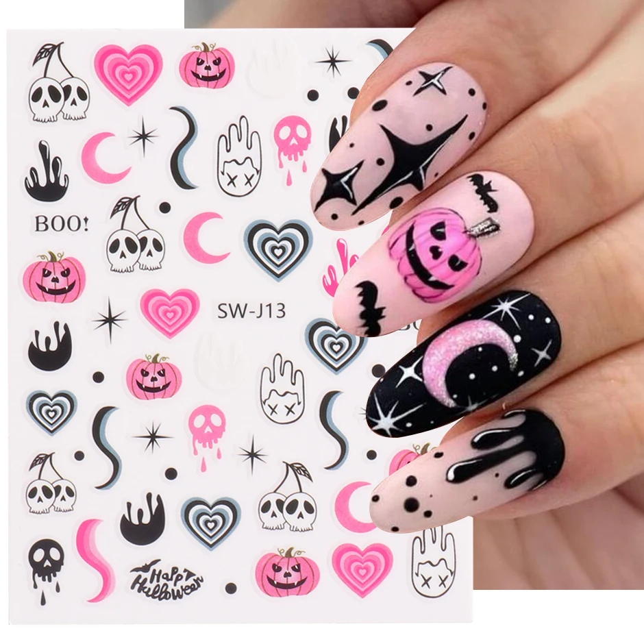 

3D Pink Pumpkin Nail Stickers Cute and Fun Halloween Cartoon Spider Horror Blood Hand Skull Decals Nail Decor Wraps Foils SASW-J