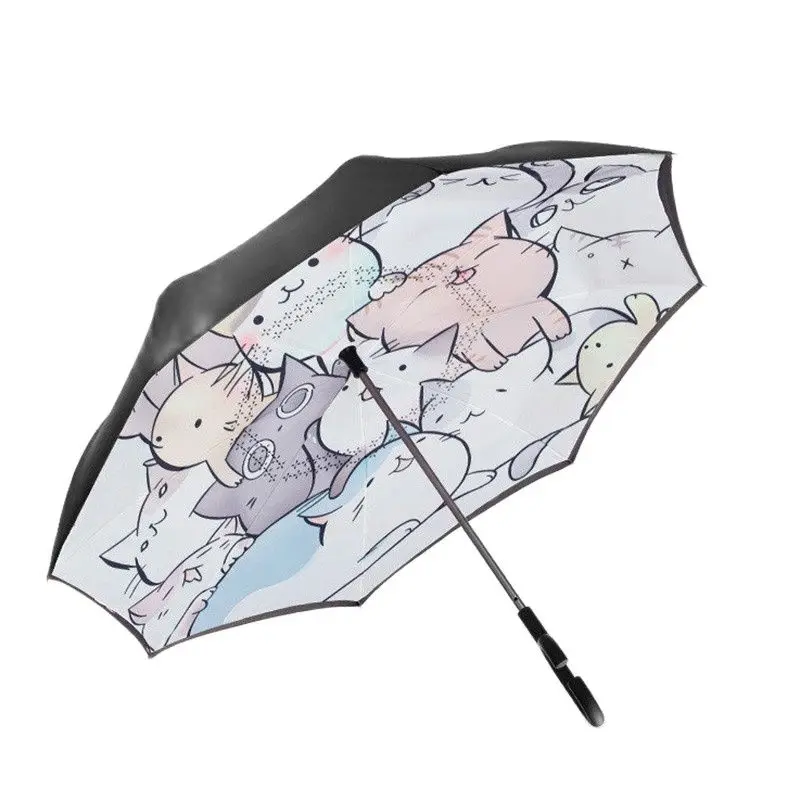 

Cartoon Reverse Umbrella Rain Women Long Handle Sun Inverted Umbrella Cute Cats Windproof 8K Double Layer Parasol Ombrello SY057
