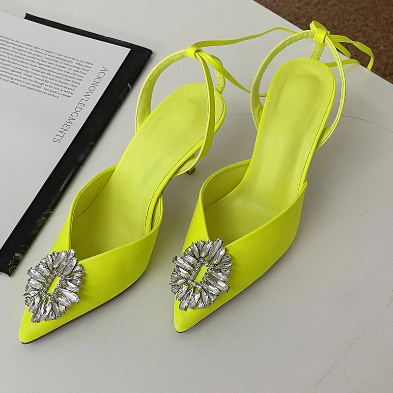 

Female Sandals 2022 Ladies Cross-Tied Women Pumps High Heels Shoe Summer New Sexy Pointed Toe Rhinestones Shoes For Slides Pink