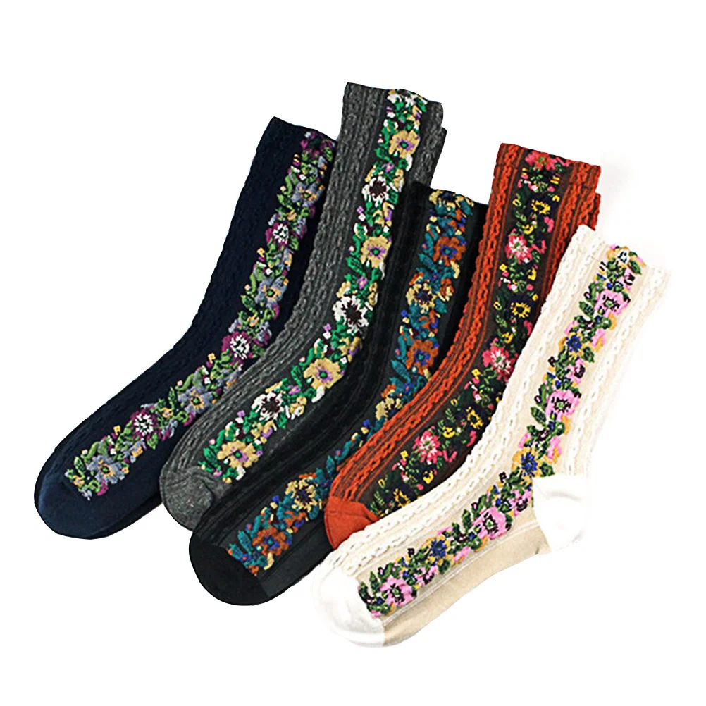 

5 Pairs Ethnic Style Mid-tube Socks Female Patterned Socks (5 Colors Mixed)