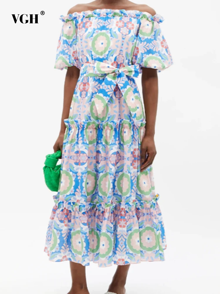 

Женское платье средней длины VGH, винтажное платье с цветочным принтом, воротником-лодочкой, коротким рукавом и складками, летняя одежда 2022
