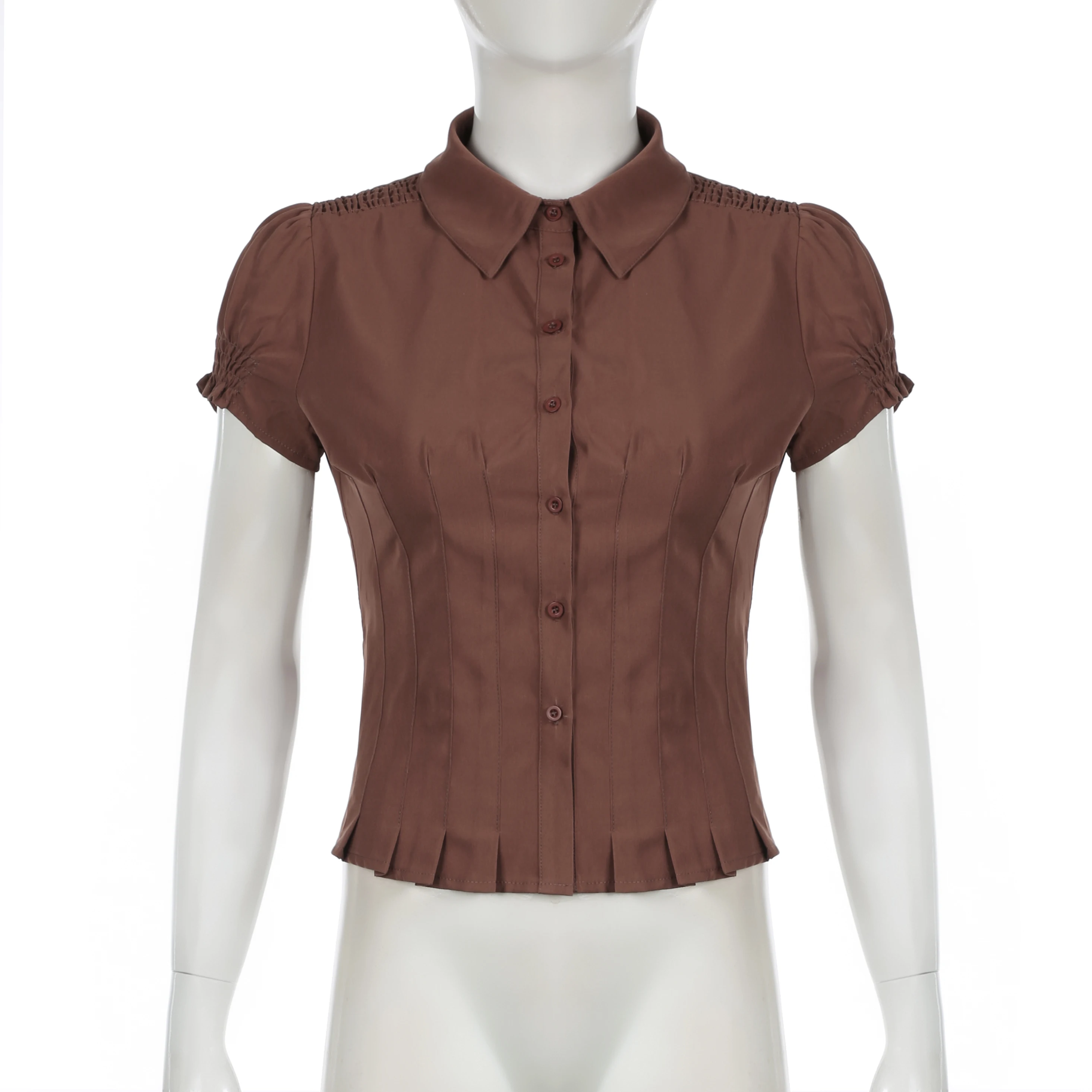 Coquette Brown Pleated Button T-shirt Women Short Sleeve Fitted Blouses 00s Aesthetic Fairy Y2k Vintage Crop Tops Cottage Tees