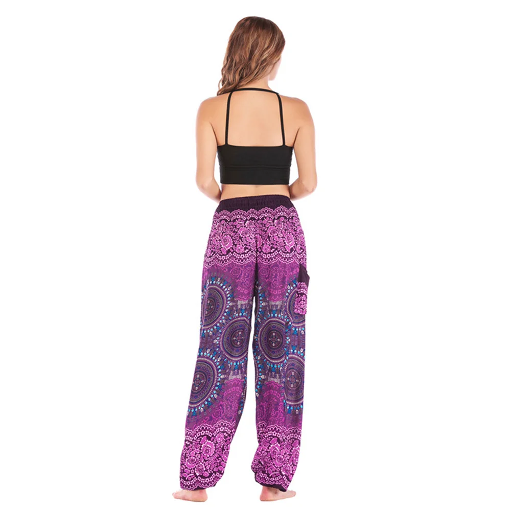 Bohemian Rayon Women Long Pants Floral Print Wide Leg Bottoms Elastic High Waist Casual Vintage Full Length Trousers Streetwear