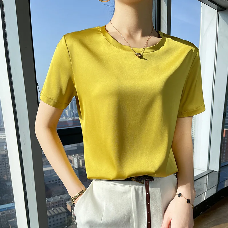 

Women Short Sleeved T-shirt Femal Cotton Top Tees 2023 Summer Fashion Solid Color Pullover Office Lady Street Clothing Plus Size