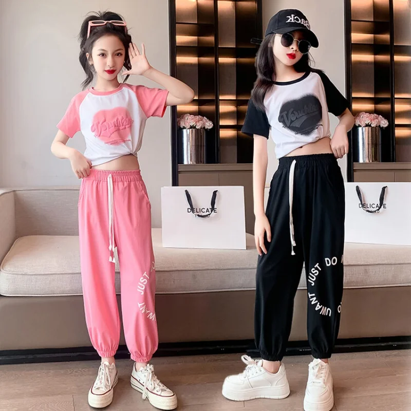 

Girls' Summer Clothing Suit Short Sleeves Long Pants Two Pieces 2023 Korean Style 4-16years Children's and Teen Outdoor Clothing