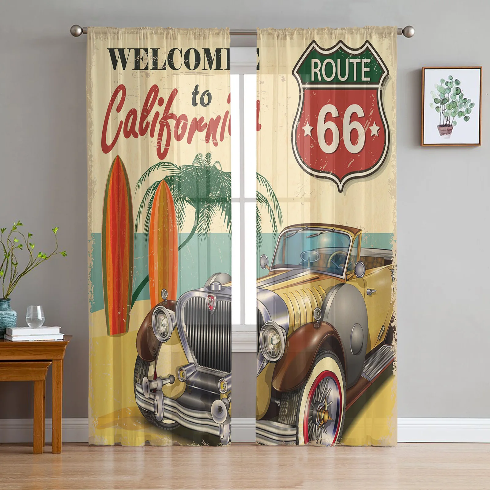 Retro Car Seaside Beach Poster California Tulle Sheer Window Curtains for Living Room Bedroom Voile Decorative Curtains Drapes