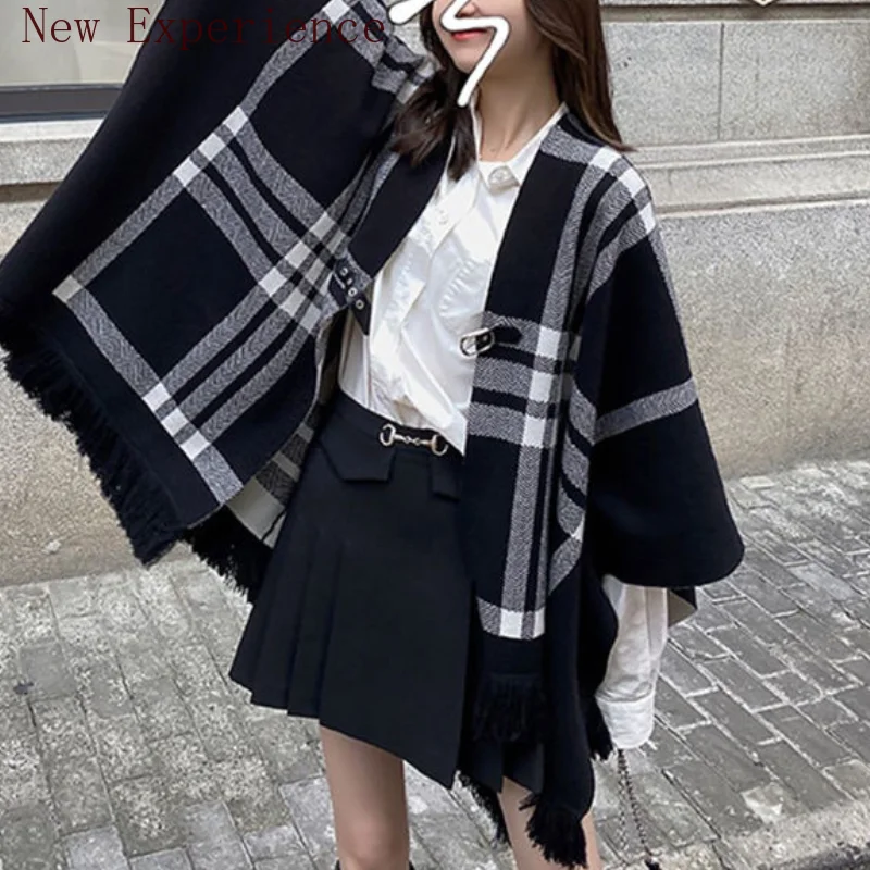 

Sweater New Knitted Tassel Split Double-sided Shawl Jacket Women's Shawl Style Cardigan Loose Cloak Jacket Retro Fashion Top