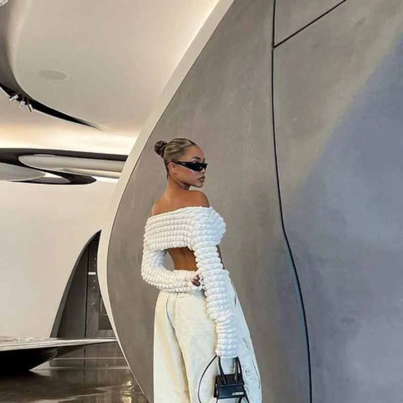

Fashion Autumn Long Sleeve Puff Pleated Tops Tee For Women Elegant Off Shoulder T-Shirt Ladies Street Casual Strapless Tube Top