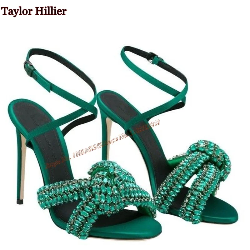 Сандалии женские зеленые со стразами Атласные босоножки с узлом и ремешком на