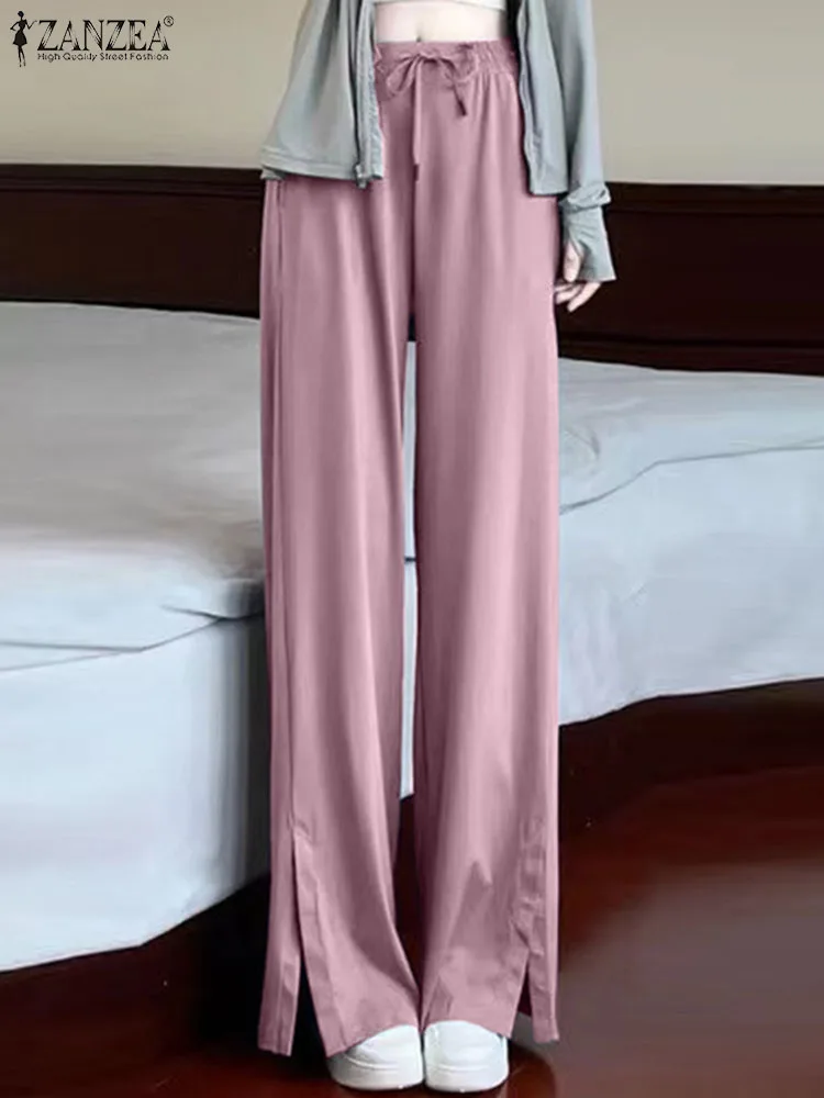 

ZANZEA Women Drawstring Slit Hem Pantalon Korean Fashion Long Trousers Casual Loose Chic High Waist Straight Pants Streetwear