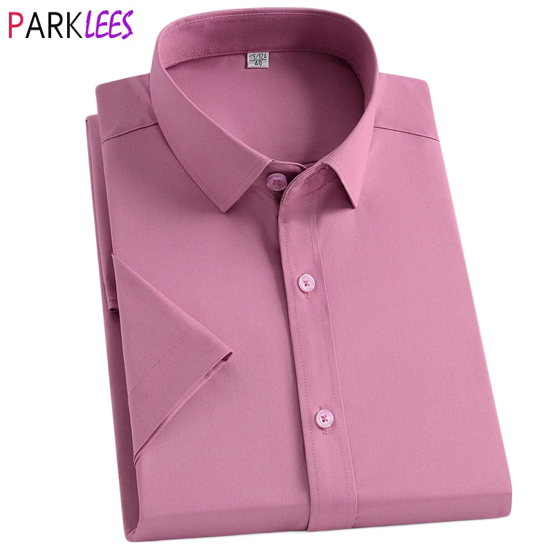 

2023 Summer New Bamboo Fiber Dress Shirt Men Short Sleeve Slim Fit Elastic Shirt Mens Non Iron Easy Care Formal Business Chemise