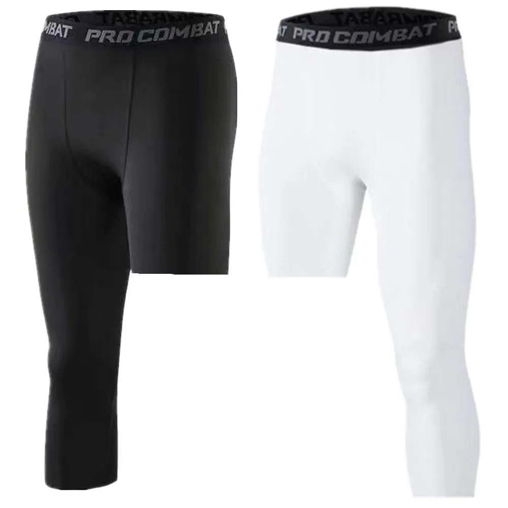 Men Compression Base Layer Running Tight Sport Cropped One Leg Leggings Gym Basketball Football Soccer Fitness Exercise 3/4 Pant