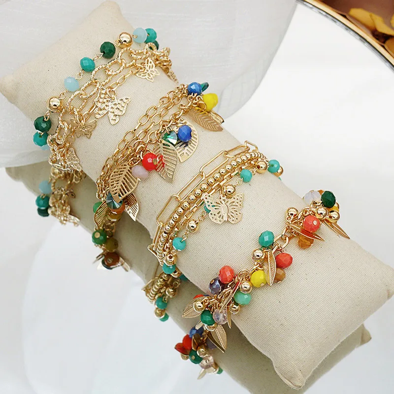 

Bohemian Gold Tassel Bracelets for Women Boho Jewelry Leaves Beads Multi-layered Hand Chain Charm Bracelet