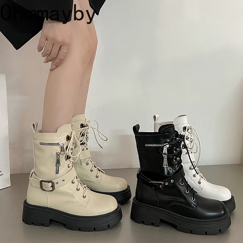 

Winter Motorcycle Boots Women Shoes Fashion Lace Up Thick Bottom Shoes Ladies Street Style Mid Calf Bootties