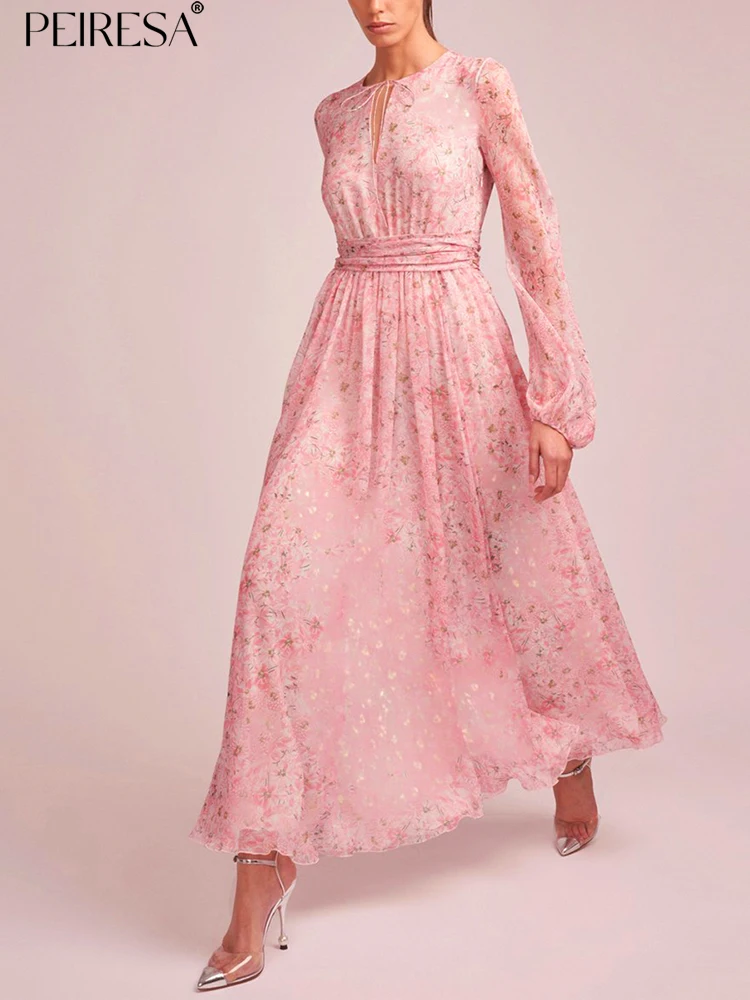 

Женское вечернее платье PEIRESA, розовое платье с цветочным принтом и круглым вырезом, со шнуровкой и рукавами-фонариками, элегантное платье во французском стиле, длинное платье