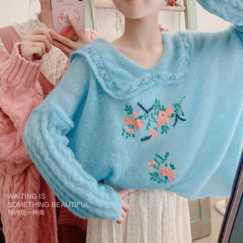 

Spring Clothing New Salty and Sweet Ocean Blue Navy Collar Embroidered Mori Pullover Thin Section Knitted Women's Short Sweater