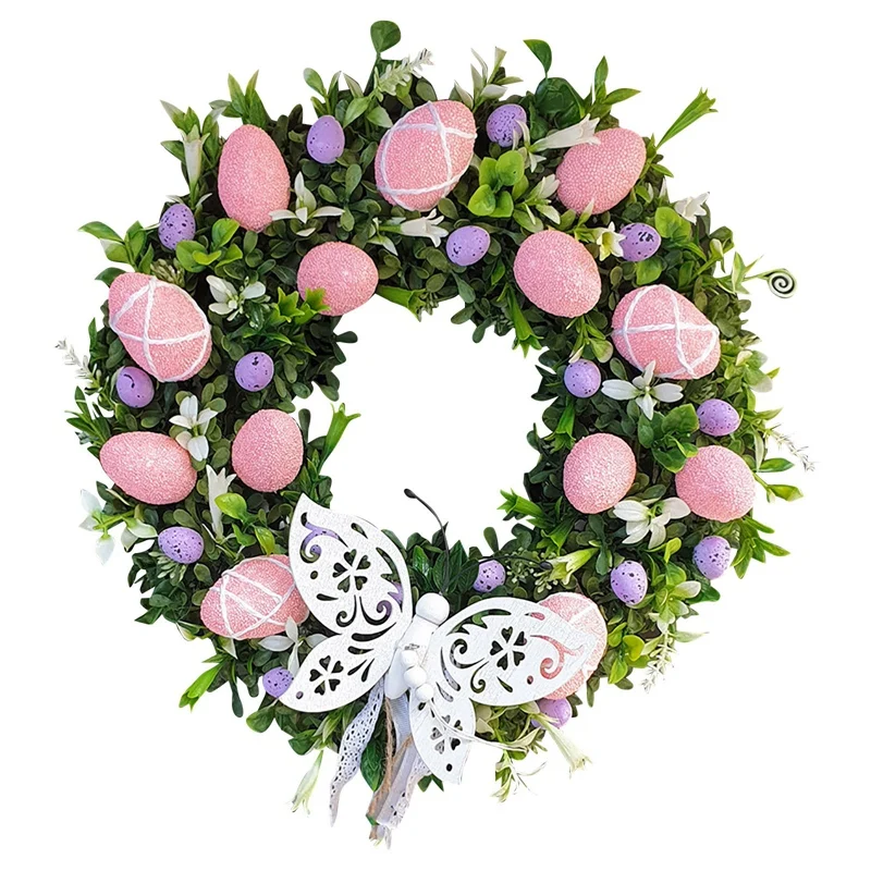 

NEW-Happy Easter Egg Wreath Home Outdoor Garden Door Wall Decoration Artificial Easter Butterfly Wreath Hanging Ornament