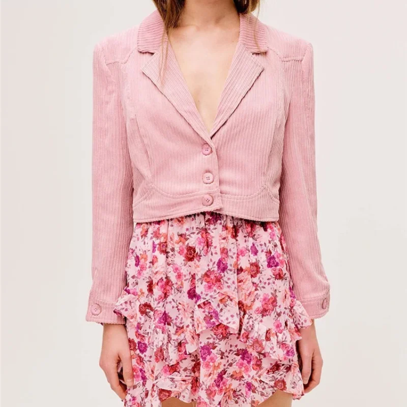 New Pink Corduroy Short Blazer Suit Women Sweet Slim Single Breasted Solid Colors Casual Office Blazer Y2k Retro Cute Streetwear