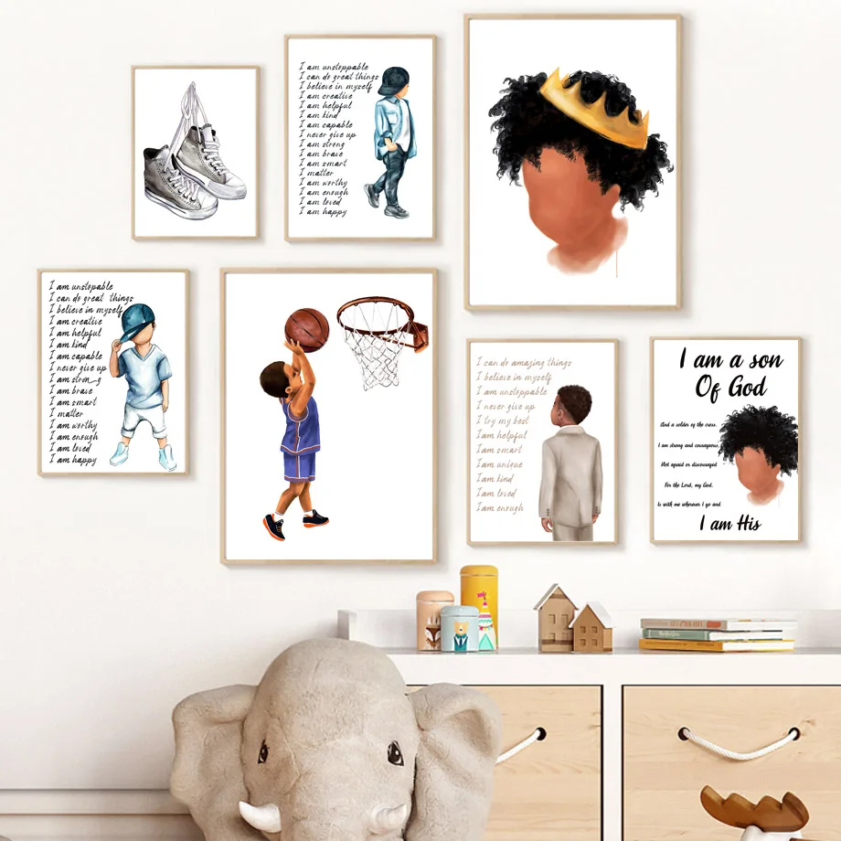 Бохо черный красивый мальчик баскетбол Qoute настенная живопись холст